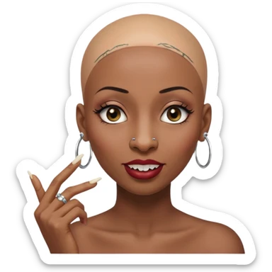 Grown black (proud) woman, bald with a perfect head, a prominent nose with a septum piercing, many piercings on her ears, a gap between her front teeth and very long nails (cynthia erivo) a proud lesbian, with long lashes and her finger tapping the top of her head sticker