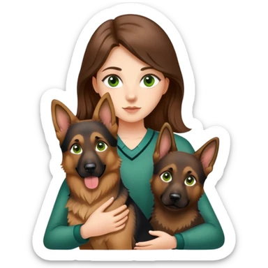girl with long brown hair and green eyes holding a german shepherd  sticker