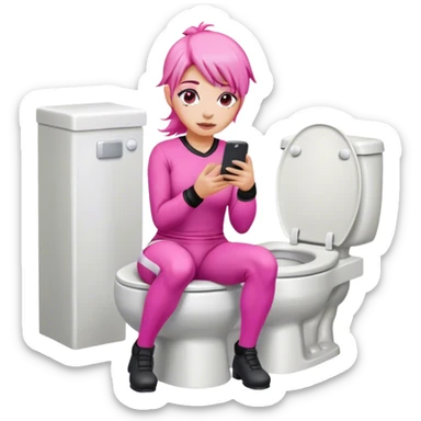 Pink haired female Jockey sat on the toilet with her mobile phone  sticker