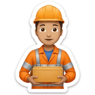 railway engineer, orange overalls carrying a box sticker