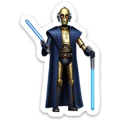 well-equipped jedi first order human-sized darkblue-pearl C3po as a friendly bounty hunter droid wearing a leather attire old west duster coat holding light saber ready to fight but relaxed. antiqued sticker