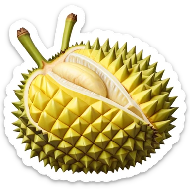 Cinematic Realistic Durian Fruit Dish Emoji, depicted as the notorious spiky fruit with a rich, custardy interior rendered with lifelike detail and bold, distinctive lighting. sticker