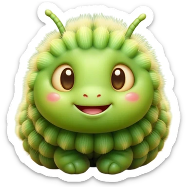 Cinematic Cute Caterpillar Portrait Emoji, Head tilted playfully and inquisitively, featuring a small, fuzzy body with rounded, plump segments, soft, endearing eyes and a charmingly wiggly movement, Simplified yet irresistibly adorable features, highly detailed, glowing with a warm, inviting green glow, high shine, affectionate and lively, stylized with a touch of whimsical woodland charm, soft glowing outline, capturing the essence of a mischievous caterpillar that seems as if it could crawl out of the screen into your arms! sticker