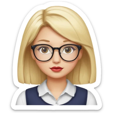 Make me a girl with blonde hair and glasses and plump lips but not that big and lashes and half her body like js her upper body shoulders neck and etc sticker