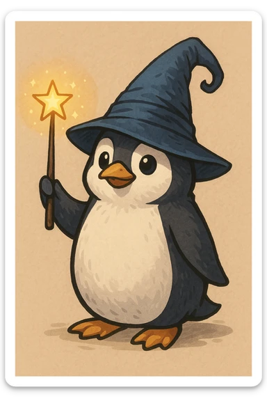 A penguin wizard with a pointy hat and a magic wand sticker