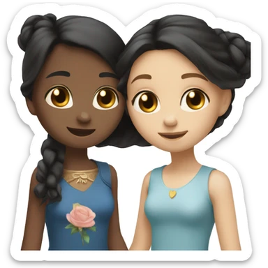 two girls in love holding hands, one has black mid length hair and brown eyes, the other one has long blonde hair blue eyes, they look at each other lovingly sticker