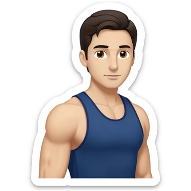 Fit man in his early 40s with light brown complexion. Elongated face with strong jawline. Attractive features with medium dark eyes and arched eyebrows. Straight nose. Confident expression. Medium-length wavy dark hair styled modernly. Wearing a dark blue athletic tank top. sticker