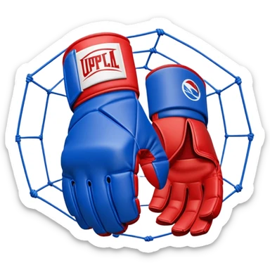An MMA cage glove, half red and half blue, symbolizing both fighters, surrounded by a simplified octagon shape, dynamic energy lines, minimal and sharp design sticker