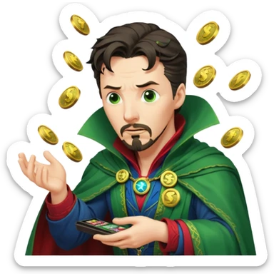 disheveled Doctor Strange losing money at a slot machine, panicked face, coins flying sticker