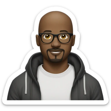 Sort of Bald young black man with faded black goatee glasses eye rolling holding Jordan Sneakers sticker