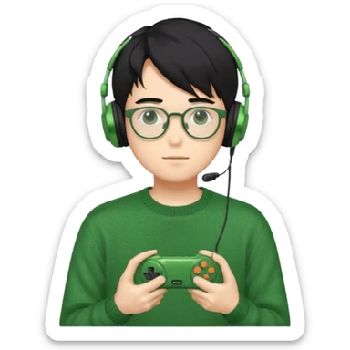 
gamer, Gorgeous green sweater black hair anime style shojo guy glasses, headphone, gamepad sticker