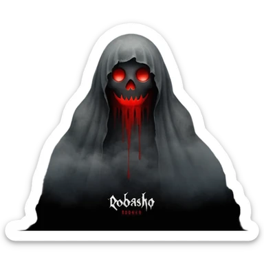 Dark horror wallpaper, 1080x2400, smoky grey charcoal background, subtle eerie light, misty fog, floating dust ("dhoasha dhoasha"), centered distressed text "ROJONI" with faint red smears and inner shadow, cinematic grain, spooky vibe --ar 9:20 --v 5 sticker