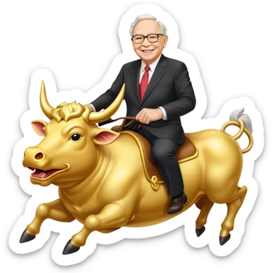 happy Warren Buffet riding golden bull sticker