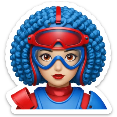 blue curly haired girl with huge earrings wearing red paintball helmet with eye protection, only face  sticker