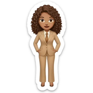 dark brown smiling woman with medium brown long curly hair with middle part and an executive tan pant suit  sticker