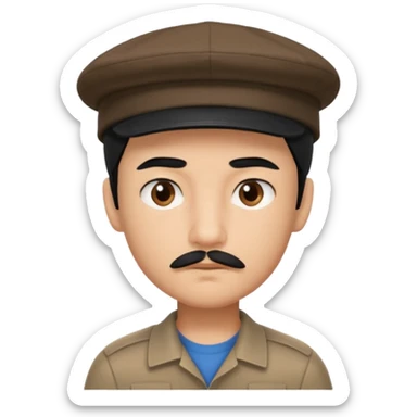 Gere um menino de cabelos preto e boné pro lado com feição séria e bigode fino sticker