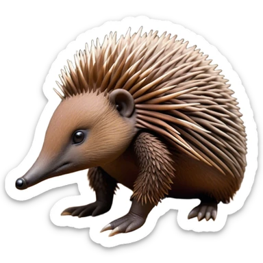 Cinematic Noble Echidna Portrait Emoji, Poised and regal, with a compact, spiky build and a textured, bristly fur in earthy browns, a distinctive pointed snout and keen, soulful eyes, Simplified yet sharp and sophisticated features, highly detailed, glowing with a warm, dignified glow, high shine, intelligent and resilient, stylized with an air of prickly elegance, focused and attentive, soft glowing outline, capturing the essence of a watchful and confident echidna, so majestic it feels as though it could scurry out of the screen with effortless authority! sticker