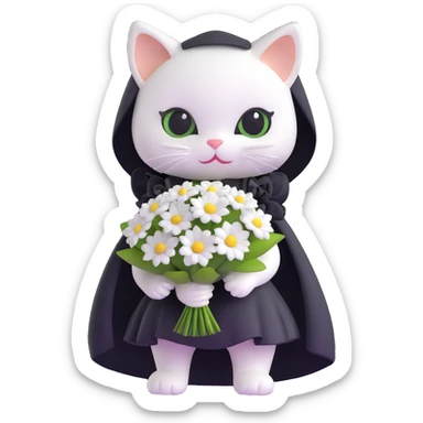 white baby cat with a black mini dress and black veil, holding a small bouquet sticker