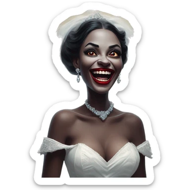Laughing vampire bride in Uncle Scrooge style, oil paint, mysterious eyes, intricate lips, masterpiece pose, odd perspective, beautiful, desirable, logical sticker