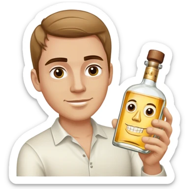 white guy light brown hair and eyebrows holding a bottle of tequila sticker