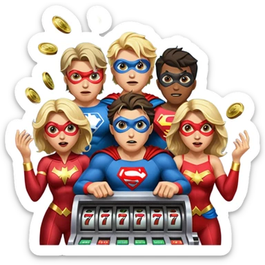disheveled super heros losing money at a slot machine, panicked face, coins flying sticker