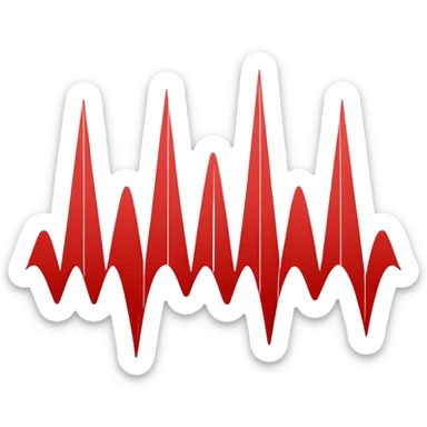 Minimalist design on a white background showing an audio waveform transforming into a sheet of text or lines. Red and white color scheme. No text. Clean geometric style that represents video transcription or audio analysis sticker