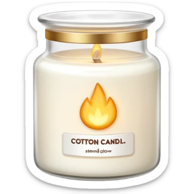 minimal flat emoji of a white scented candle in a glossy white glass jar with the label “cotton”, soft warm glow, clean vector style, elegant and modern, transparent background lux style sticker