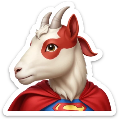 side view of white female goat wearing a read cape like superman sticker