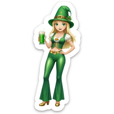 Blonde haired girl in glittery green bell bottoms and tall leprechaun hat holding a green beer sticker