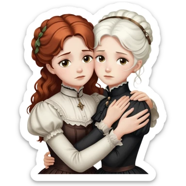 Two Victorian women with light eyes embracing in a sad, intimate hug. One woman has bright white coiffed hair and the other has dark copper coiffed hair. Both wearing Victorian high-neck dresses with their arms wrapped tightly around each other sticker
