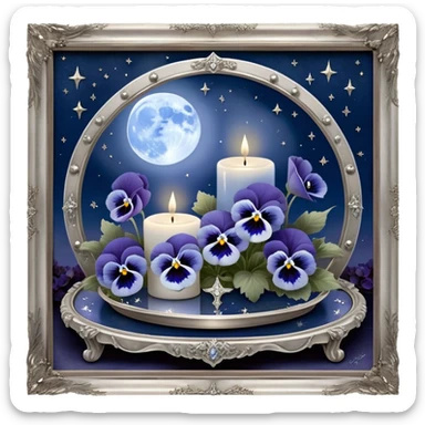 An enchanting nighttime scene where rich blue pansies bloom in a mystical landscape, their petals appearing almost luminous under the soft radiance of a silver crescent moon. A pearl-colored candle, embellished with intricate celestial symbols, sits atop an antique mirror tray, reflecting its warm glow. Wisps of silver mist curl around the flowers, and tiny glowing stars seem to hover just above the ground, adding to the dreamlike atmosphere. In the distance, a faint silhouette of a gothic archway frames the moon, enhancing the scene’s otherworldly beauty. sticker