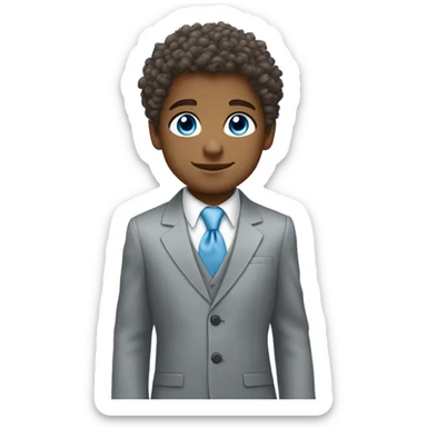 Little young  gentleman wearing a grey suit with white shirt and baby blue tie with blue eyes , white boy and brown curly hair and full body . Wearing a watch  sticker