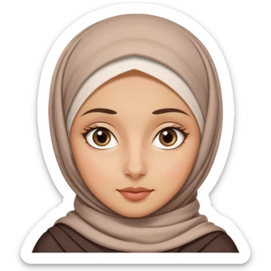 A girl in a French hijab, with an oval face, medium-sized forehead, wide eyes, straight nose, and full lips. She has thick, wavy hair and medium-toned skin with straight eyebrows sticker