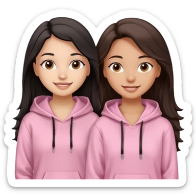A pretty girl with light skin and long straight black brown hair, wearing a very light pink basic hoodie with brown eyes and makeup and a round face with another girl with tan skin and very wavy brown hair sticker