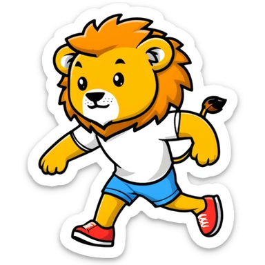 retro 1950s anthropomorphised lion in a t-shirt and shorts, walking sticker