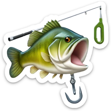 A bass fish getting off the hook on a rod and reel sticker