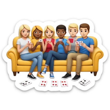 group of friends on couch playing a card game couch should be deep dark yellow color sticker