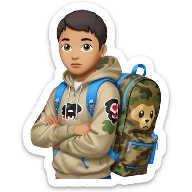 blasian teenager with bape hoodie and sprayground backpack sticker