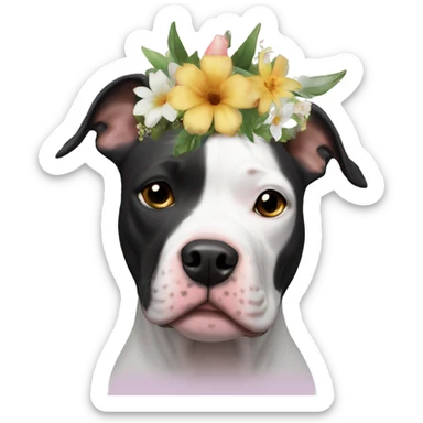 Black and white Pitbull with floral crown sticker