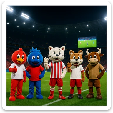 Nighttime soccer stadium scene with bright lights, green grass, and five mascots in a row: red and white on the left, blue and red in the center, white and red striped next to it, brown and white on the far right. Empty red seats, a big screen showing a soccer match, distant crowd, and modern architecture create a lively, fun sports event atmosphere. sticker