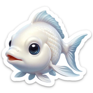 Cinematic Cute White Goldfish Portrait Emoji, Head tilted playfully and inquisitively, featuring a glossy, pure white body with delicate, shimmering scales and round, sparkling pale eyes filled with curiosity, Simplified yet irresistibly adorable features, highly detailed, glowing with a warm, friendly glow, high shine, affectionate and lively, stylized with a touch of whimsy, bright and endearing, soft glowing outline, capturing the essence of a mischievous yet loving goldfish, so playful it feels like it could swim out of the screen and into your heart! sticker