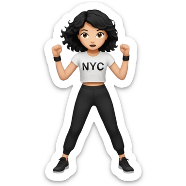 Make a girl with black wavy hair wearing a white top that says NYC in black writing and just black pants and make her punch sticker