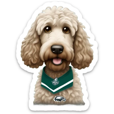 brownish Labradoodle wearing a Philadelphia eagles shirt sticker