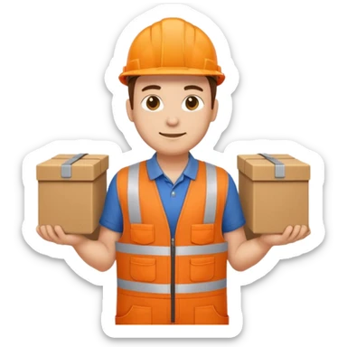 emoji style railway engineer full body in orange overalls, carrying a box with both hands sticker