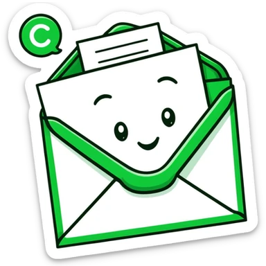 Minimalist Maya-inspired emoji showing happy face receiving a letter, white and deep green only, flat design, clean lines sticker