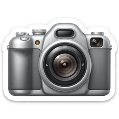 A minimalistic emoji of a camera in Apple iPhone emoji style. Flat design, smooth gradients, rounded edges, soft shadows, high resolution, clean and simple look. Neutral gray and black tones with a blue lens reflection. White background, no text sticker