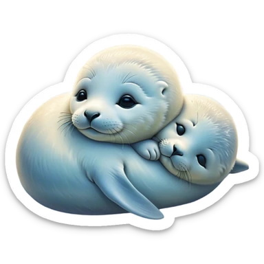 Beautiful and Majestic Baby Seal Portrait Emoji, Head and body resting serenely with a gentle, content smile, showcasing a soft, cuddly form with tender, glistening fur and eyes peacefully closed in a tranquil slumber, Simplified yet exquisitely endearing features, highly detailed, glowing with a soft, radiant polar light, high shine, serene and utterly lovable, stylized with an air of regal innocence, soft glowing outline, capturing the essence of a beautiful and majestic baby seal that embodies the quiet wonder of arctic serenity! sticker
