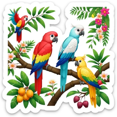 Close-up collage of vibrant Ara parrots and Inca cockatoos sitting on tree branches, surrounded by lush greenery. Bright colors of the birds stand out against a natural, sunny background of trees, flowers and fruits. Transparent background. sticker