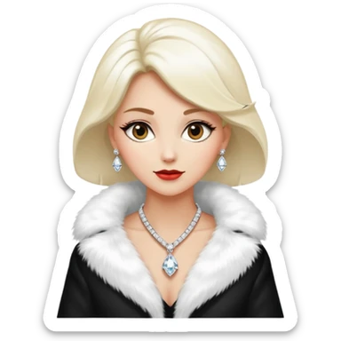 * Character: A stylish lady
* ﻿﻿Clothing: A luxurious white fur coat
* ﻿﻿Accessories: A dazzling diamond necklace
* ﻿﻿Expression: Confident, elegant, maybe slightly glamorous
* ﻿﻿Pose: Head slightly tilted or a poised posture
* ﻿﻿Style: Emoji-like, simple but expressive sticker