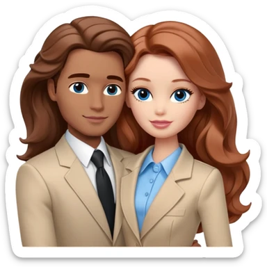 Barbie girl  , eyes blue , Chestnut red long wavy hair In pale beige clothes, Hugs a man with brown hair, brown eyes , and a black suit sticker